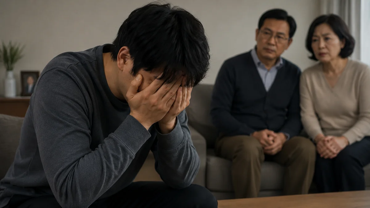 부산 특유재산 분할|얼굴을 감싸 쥐고 괴로워하는 남성과 걱정하는 부모님