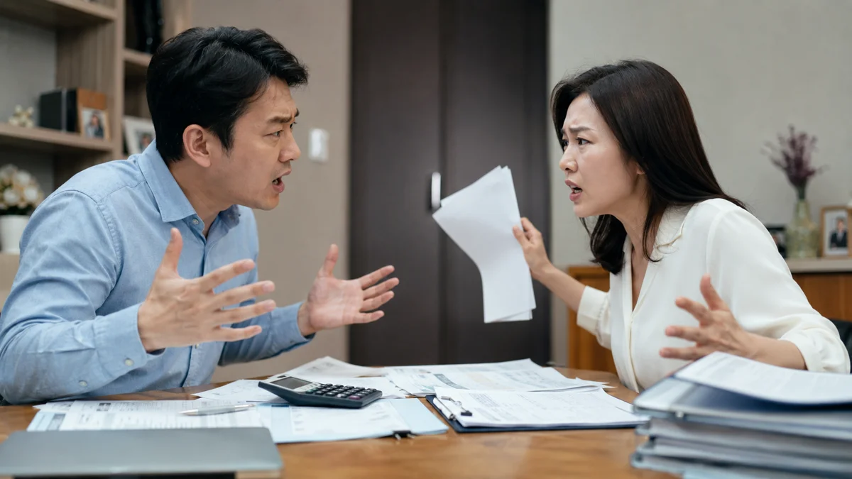 부산 특유재산 분할|서류와 계산기를 두고 다투는 부부의 모습