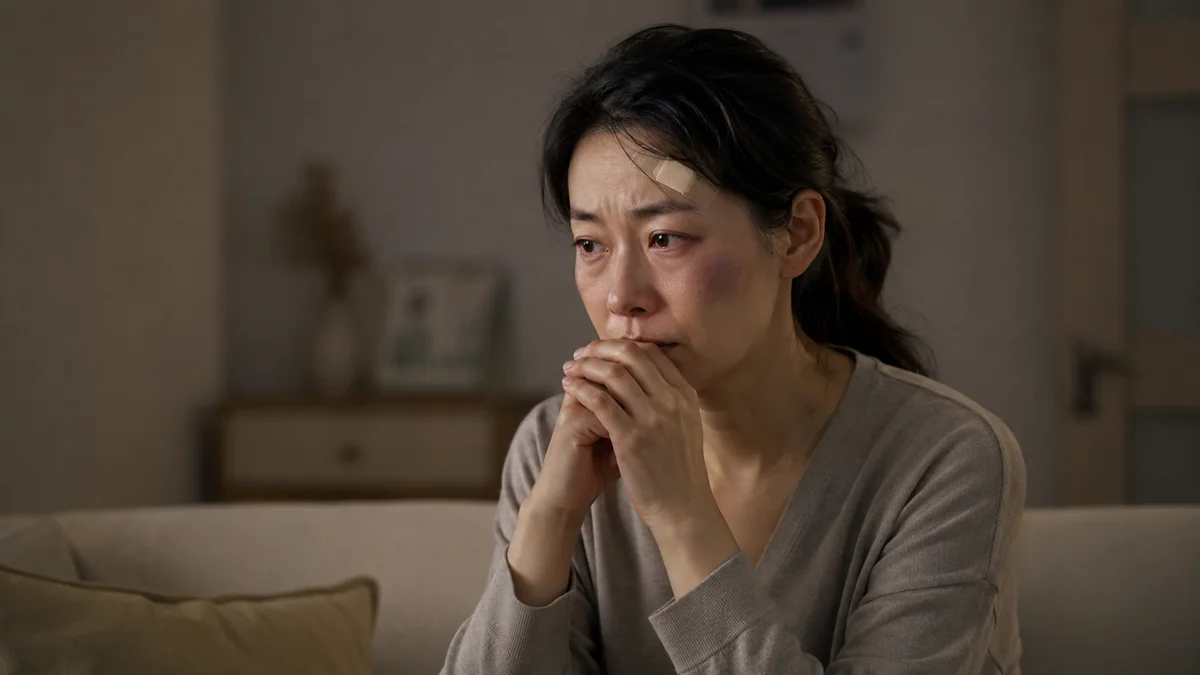 상간녀 위자료 소송|얼굴에 상처를 입고 고통스러워하는 여성