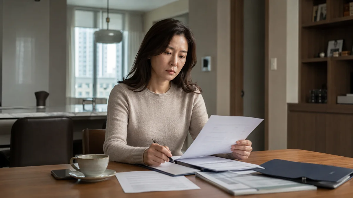 부산 별거 중 이혼|집에서 진지하게 서류를 검토하며 작성하는 여성